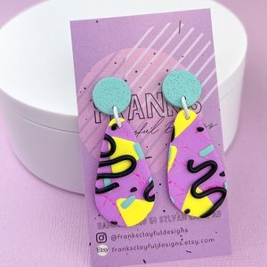 80s Memphis Style Pattern Polymer Clay Dangle Earrings Handmade Funky Re…